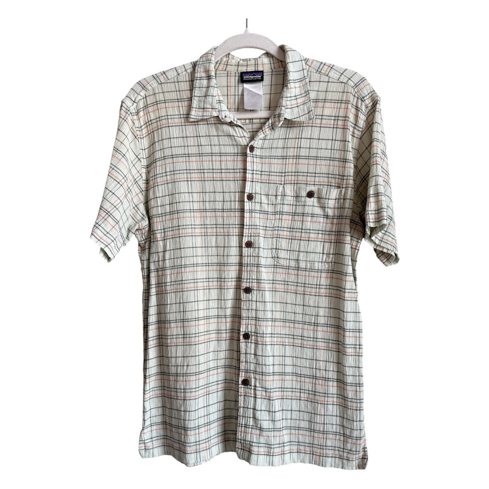 Patagonia Men A/C Shirt Medium Ivory Plaid Organic Cotton SS Button Up Gorpcore